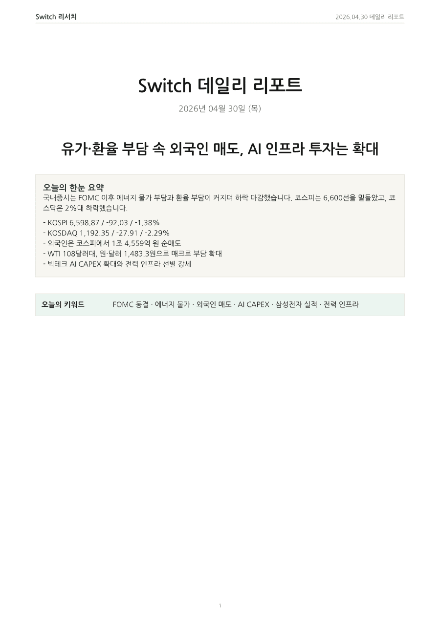 2026년 4월 30일 데일리 코리아 마켓 리포트 PDF 미리보기 1